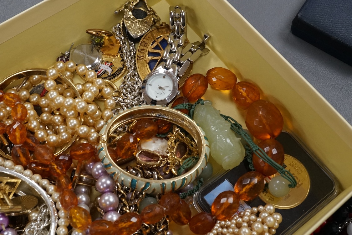 A quantity of assorted costume including necklaces, bangle, etc. and two wrist watches.